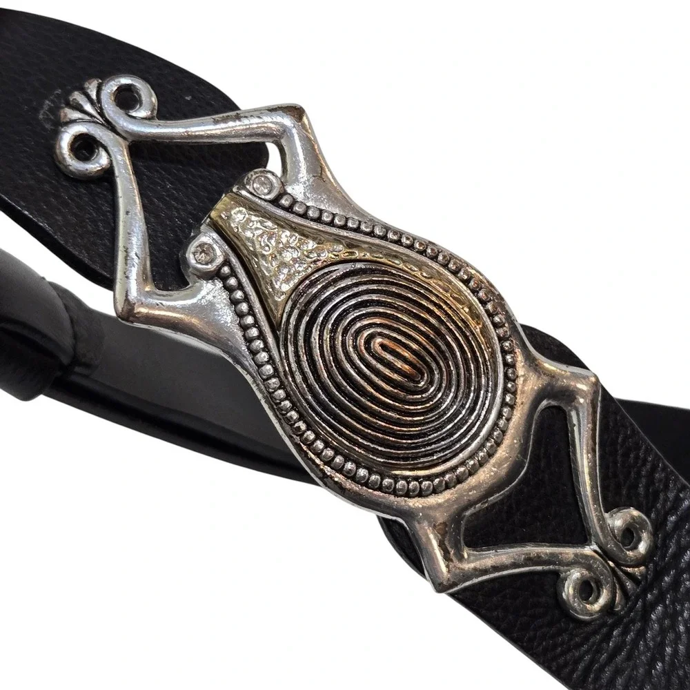 Chico's Adjustable Belt M/L 3D Frog Silver gold Buckle Black Leather Boho Artsy